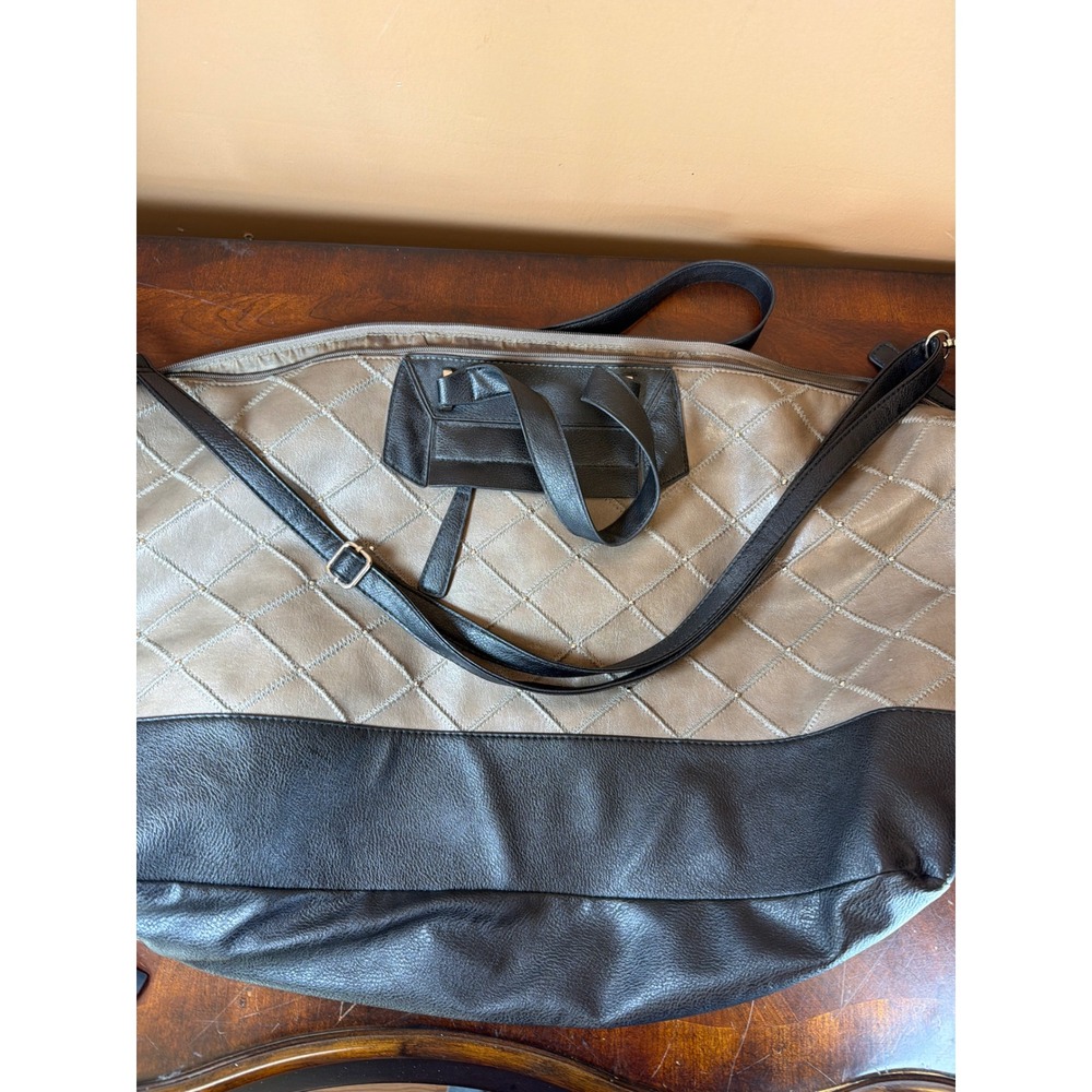 Bueno Oversized Quilted Two Tone Tote Bag Taupe Black‎ Faux Leather Crossbody